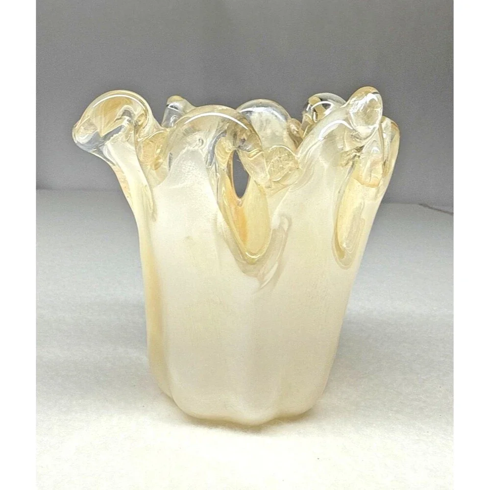 Murano Style Hand Blown Art Glass Vase Bowl Champagne Gold Italy Ruffled Rim